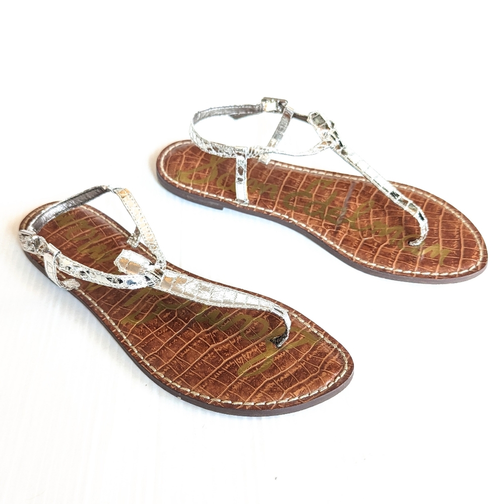 SAM EDELMAN Gigi silver croc embossed t-strap thong sandals